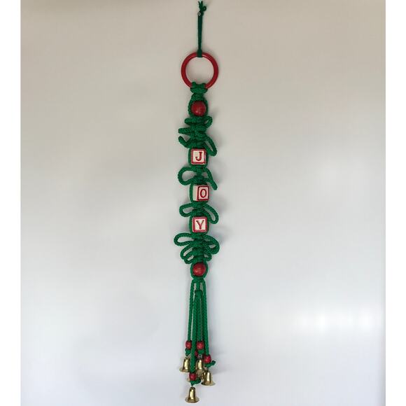 Vintage Retro Macrame JOY Christmas wall-hanging decor, green, appr. 27" - Picture 6 of 11